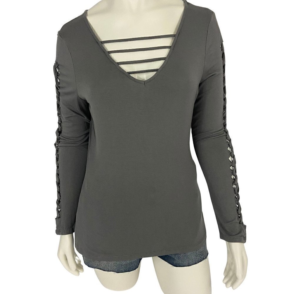 Venus Women's Cut Out Sleeve Detail Blouse Top Size L Grey V-Neck Strappy NWOT